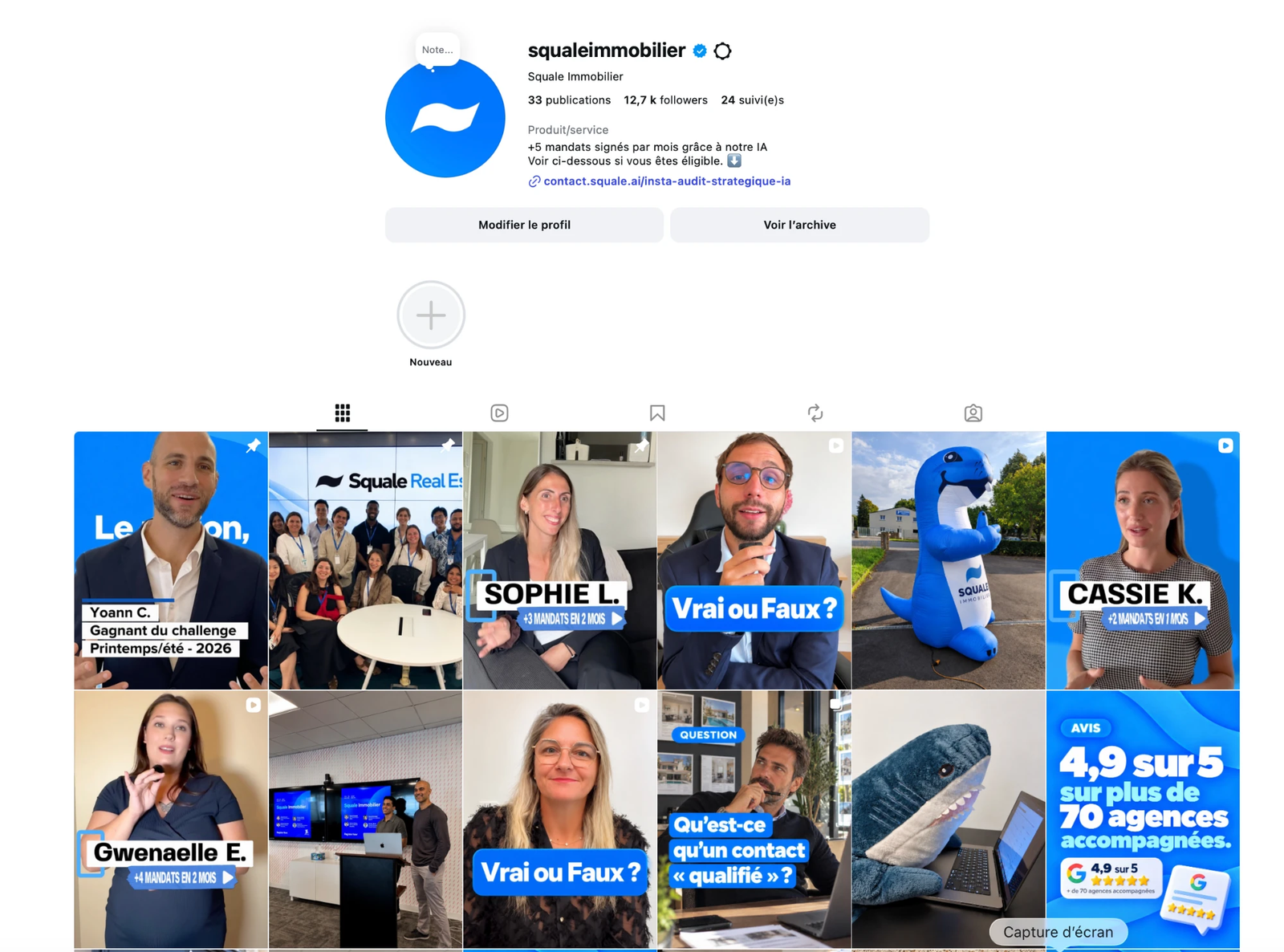 Capture d'écran du compte Instagram @squaleimmobilier : témoignages clients et agences accompagnées