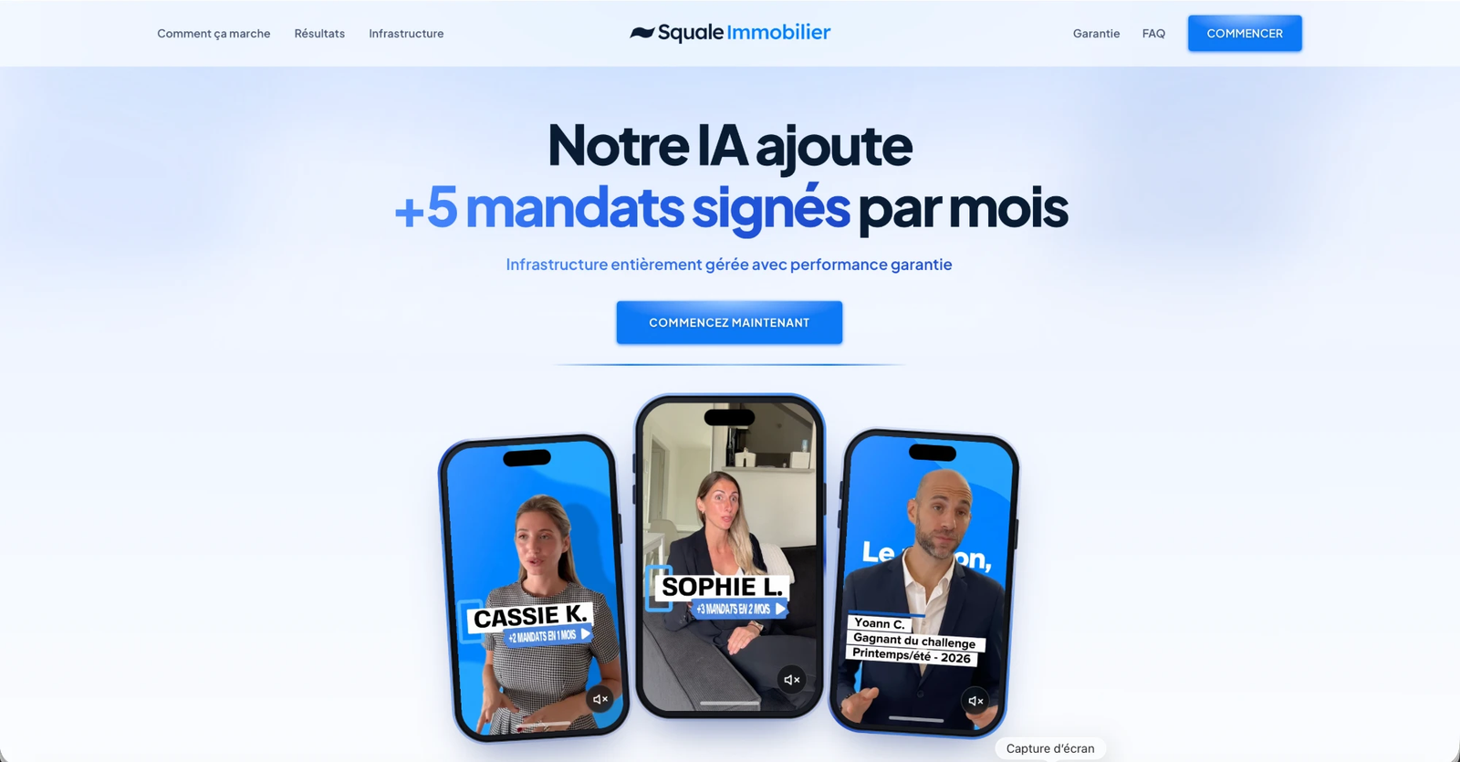 Capture d'écran squaleimmobilier.com : page d'accueil « Notre IA ajoute +5 mandats signés par mois »